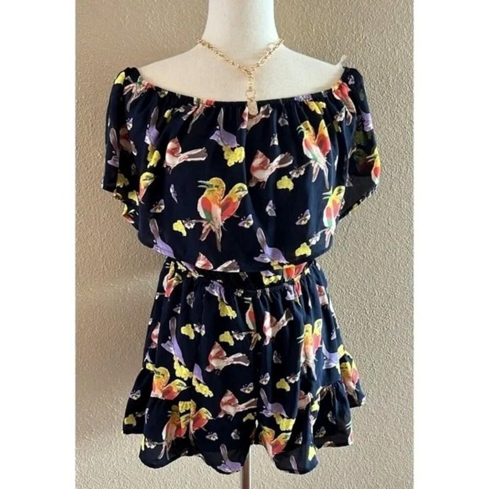 Peach Love California Romper Short Off Shoulder Ruffle Bird Print Medium